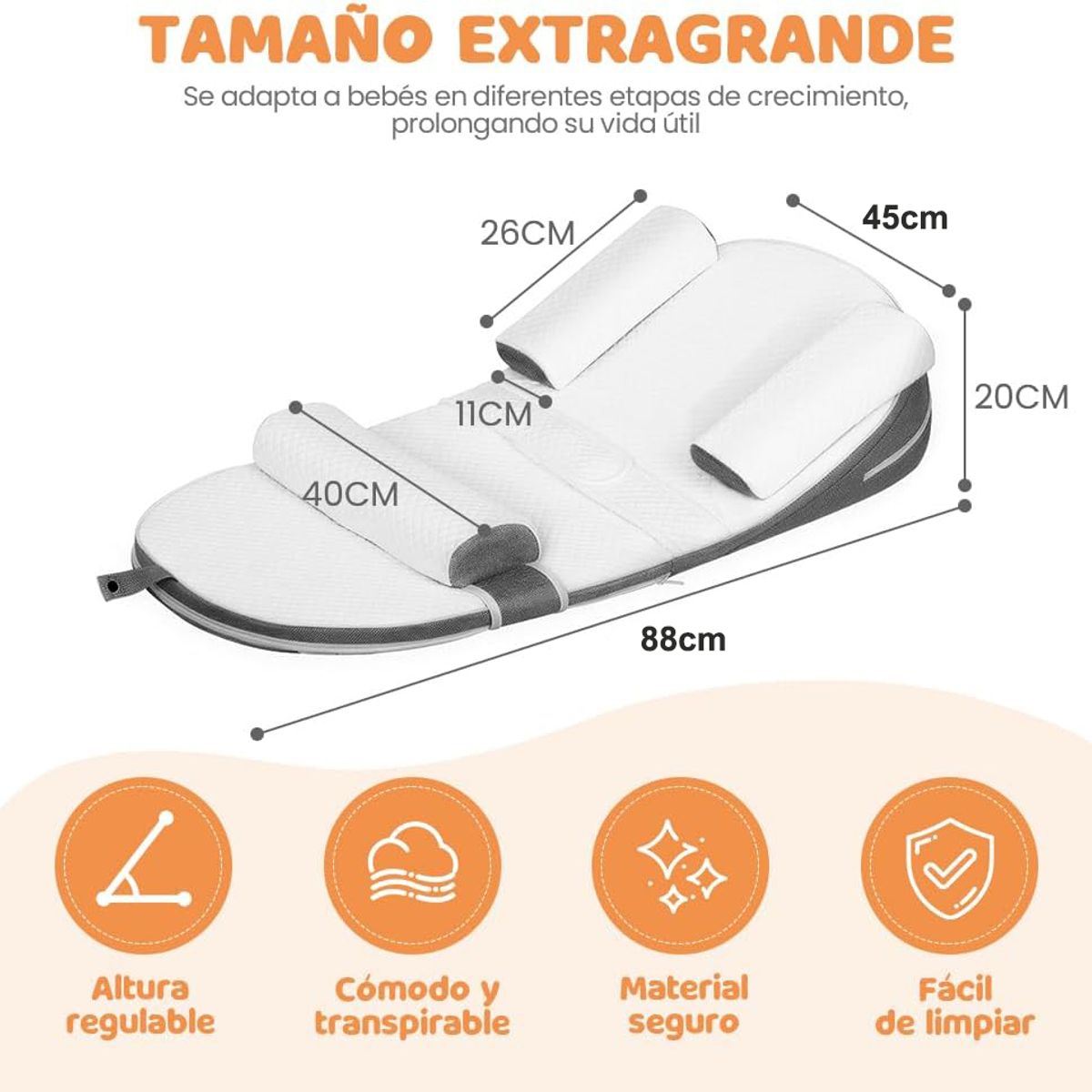 EVERSO - Cojín Antireflujo Bebé Ergonomico Viscoelastico Con Cinturon