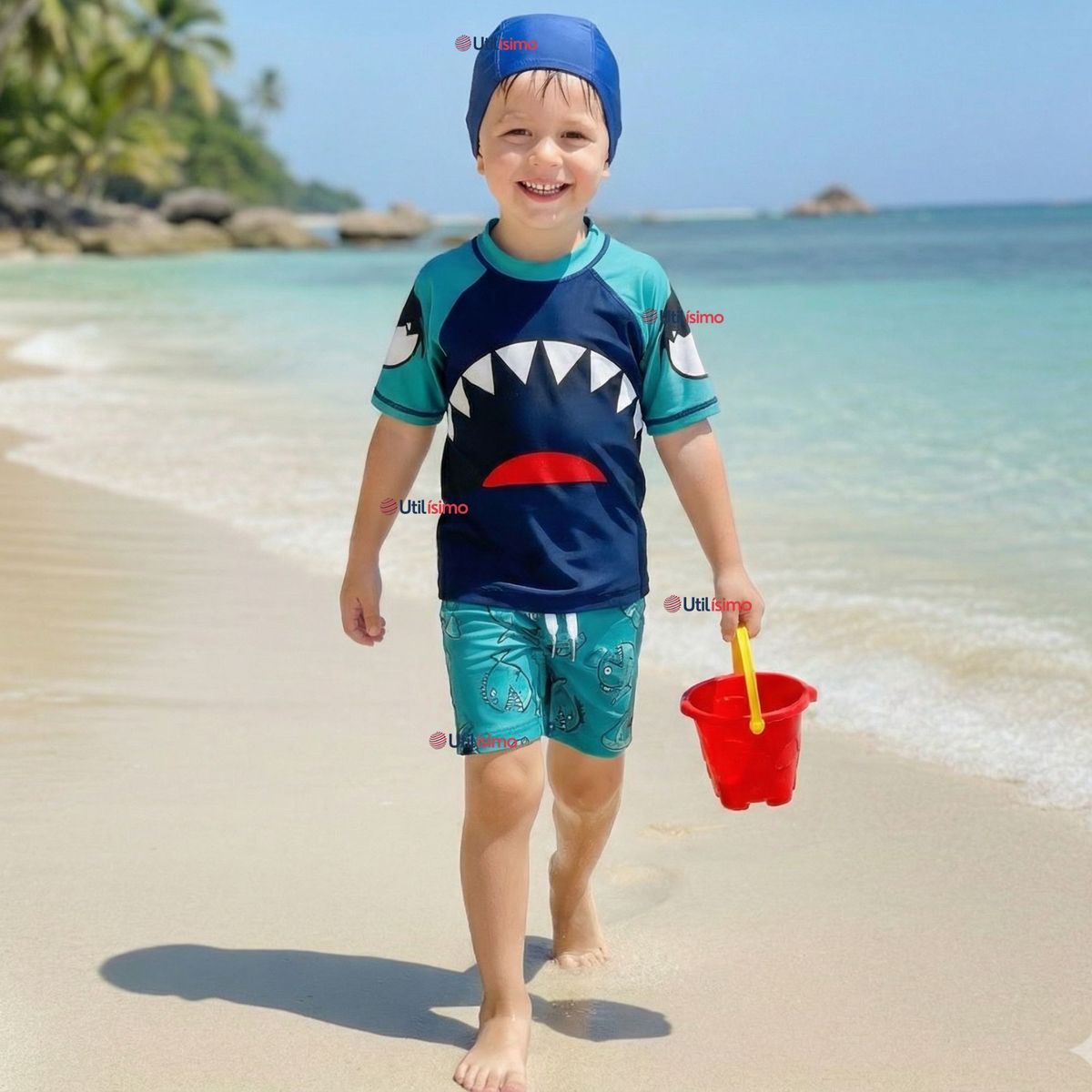 JUMP KIDS - Traje de Baño Manga Corta Pantalón Corto con Gorro 3 Piezas Corte Split Niño 2 a 8 años Blue Shark