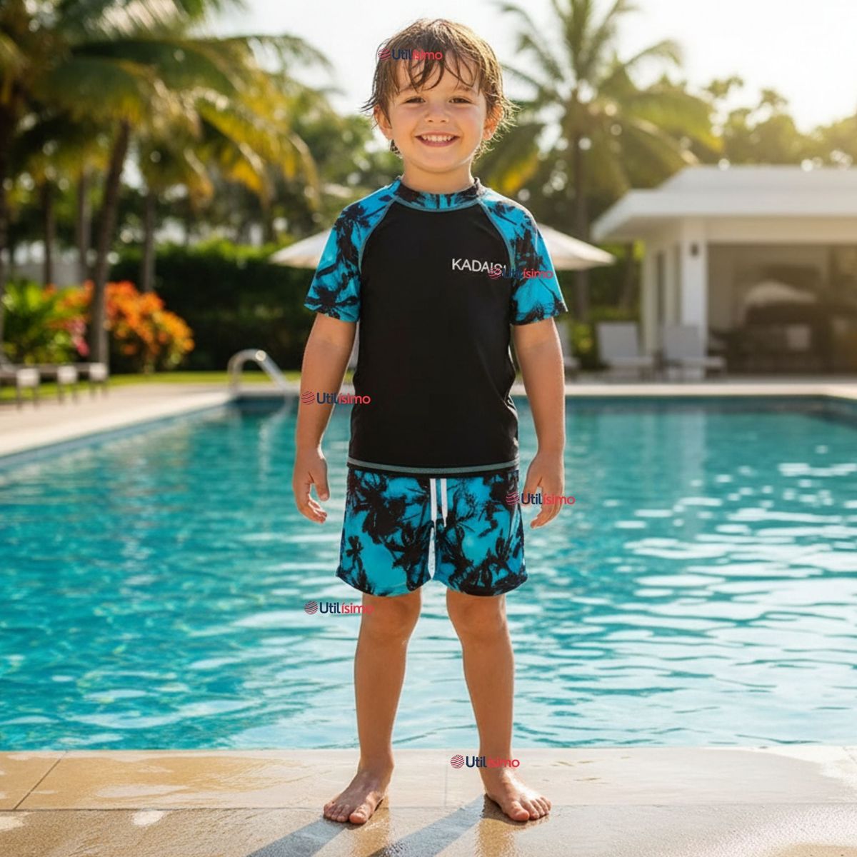 JUMP KIDS - Traje de Baño Manga Corta y Pantalón Corto 2 Piezas Corte Split Niño 4 a 6 años Black