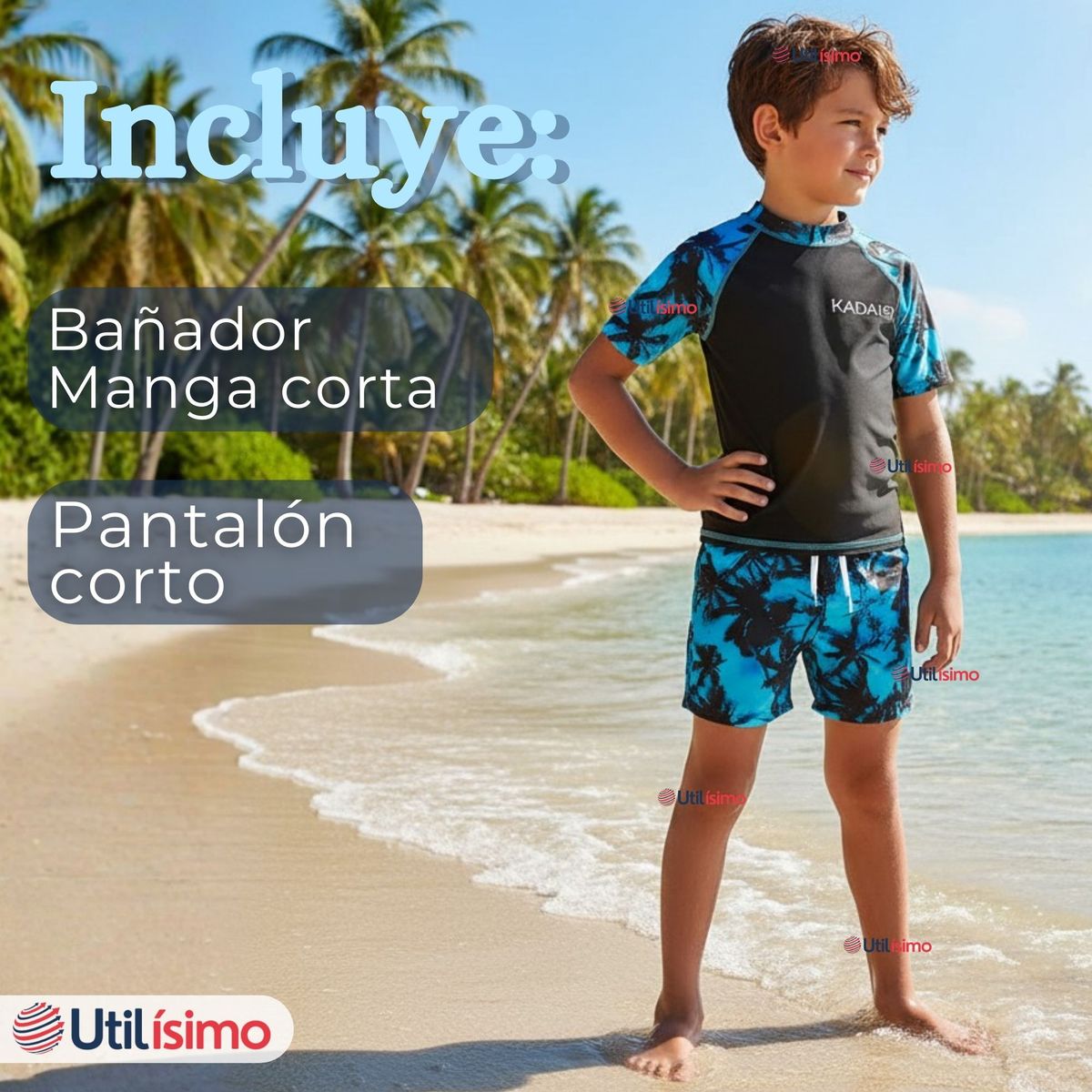 JUMP KIDS - Traje de Baño Manga Corta y Pantalón Corto 2 Piezas Corte Split Niño 4 a 6 años Black