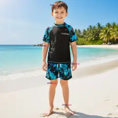 JUMP KIDS - Traje de Baño Manga Corta y Pantalón Corto 2 Piezas Corte Split Niño 4 a 6 años Black