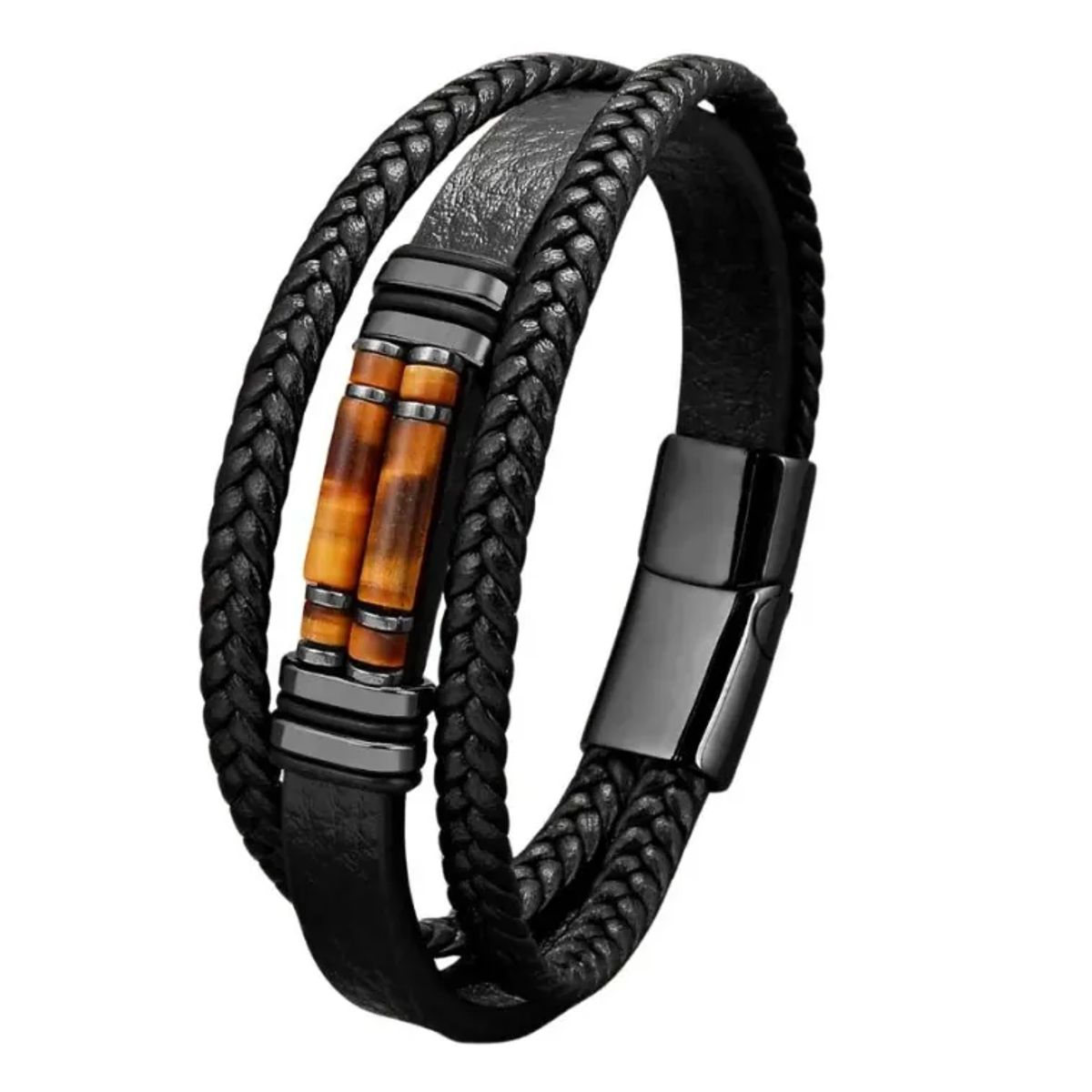 GENERICO - Pulsera Cuero Piedra Ojo De Tigre Black Hombre Moda