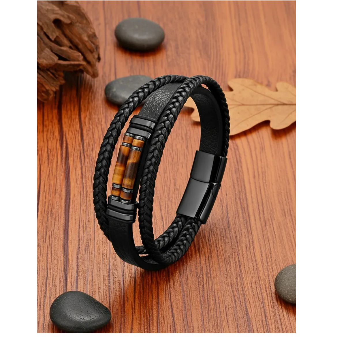 GENERICO - Pulsera Cuero Piedra Ojo De Tigre Black Hombre Moda