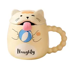 GENERICO - Taza Gato Lengua Cuchara Y Tapa Té Café Tazón Mug Regalo Amarillo