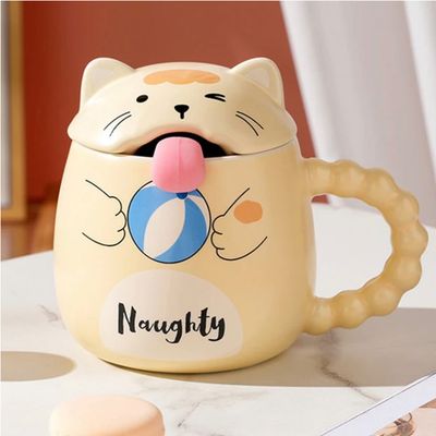 Imagen 2 del producto Taza Gato Lengua Cuchara Y Tapa Té Café Tazón Mug Regalo Amarillo