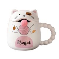 Taza Gato Lengua Cuchara Y Tapa Té Café Tazón Mug Regalo Blanco