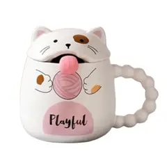 GENERICO - Taza Gato Lengua Cuchara Y Tapa Té Café Tazón Mug Regalo Blanco