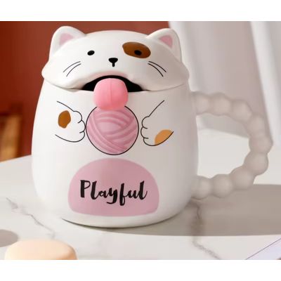 Imagen 2 del producto Taza Gato Lengua Cuchara Y Tapa Té Café Tazón Mug Regalo Blanco