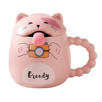 Taza Gato Lengua Cuchara Y Tapa Té Café Tazón Mug Regalo Rosa