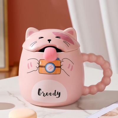 Imagen 2 del producto Taza Gato Lengua Cuchara Y Tapa Té Café Tazón Mug Regalo Rosa