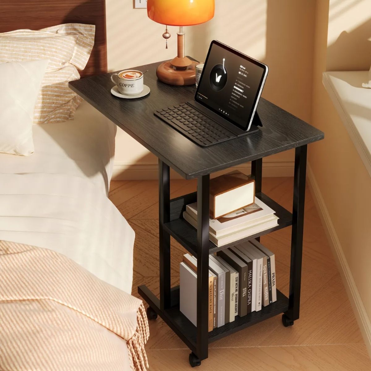 GENERICO - Mesa Auxiliar Cama Con Ruedas Madera Escritorio Lateral Negro