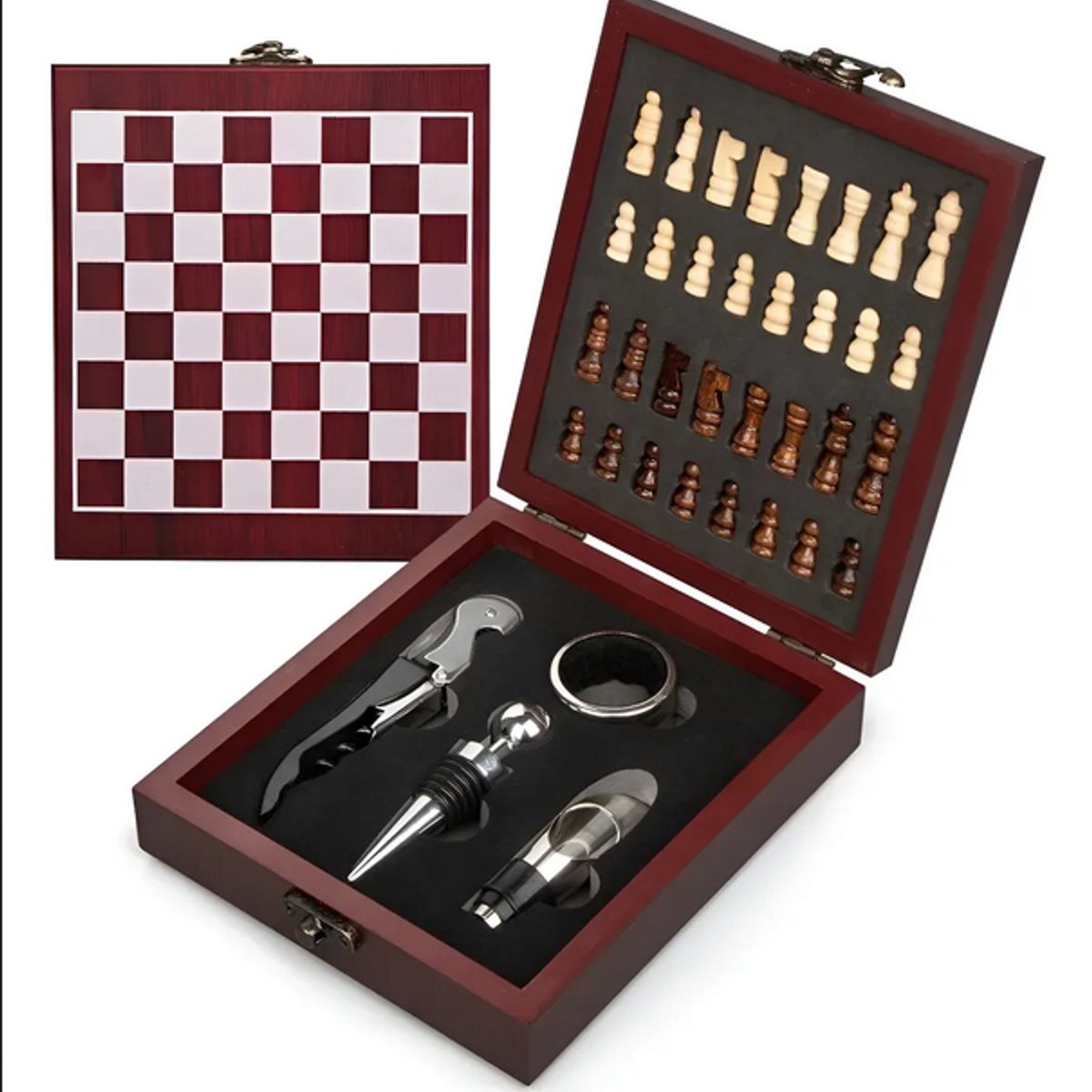 GENERICO - Set Juego De Ajedrez Madera Pequeño Con 4 Accesorios De Vino