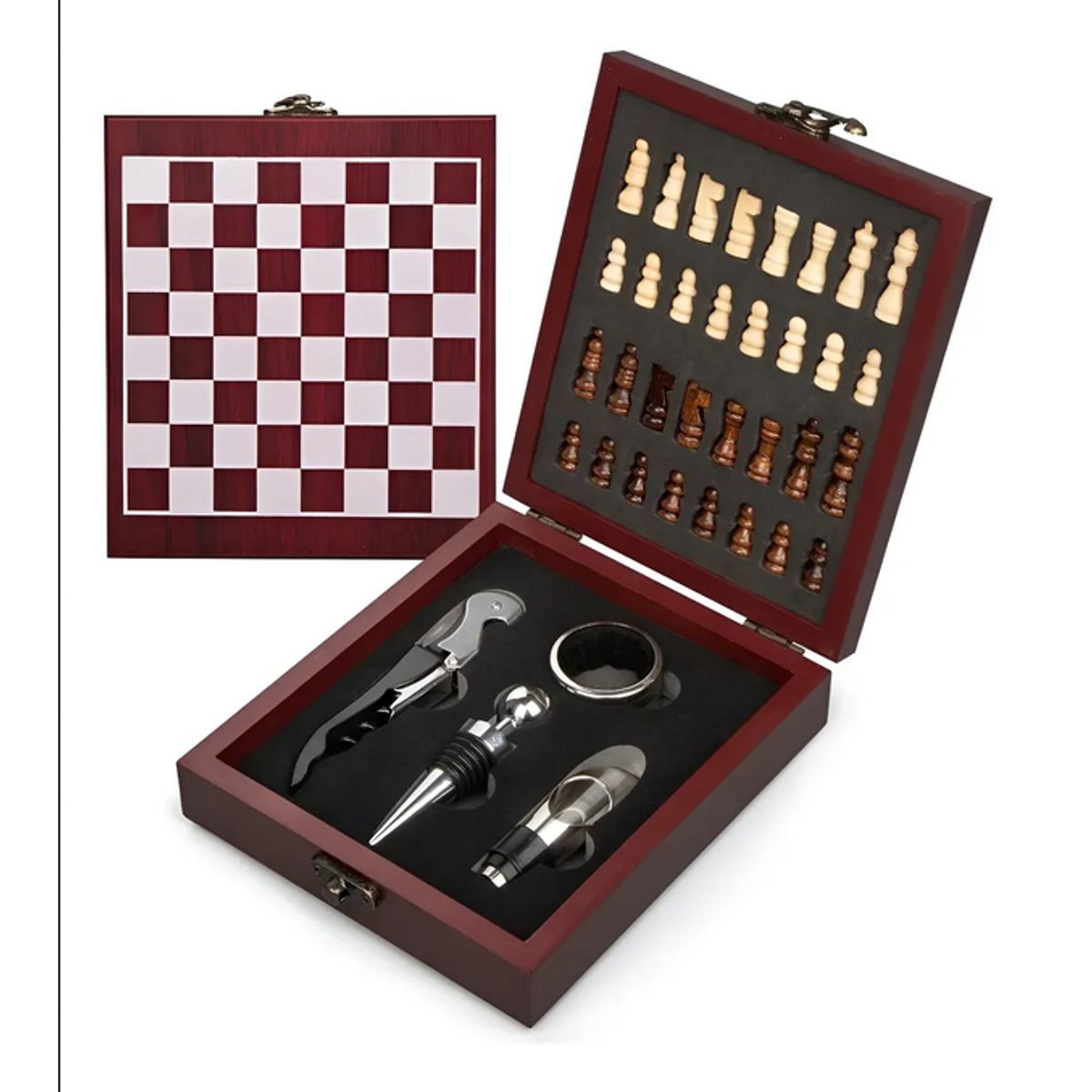 GENERICO - Set Juego De Ajedrez Madera Pequeño Con 4 Accesorios De Vino