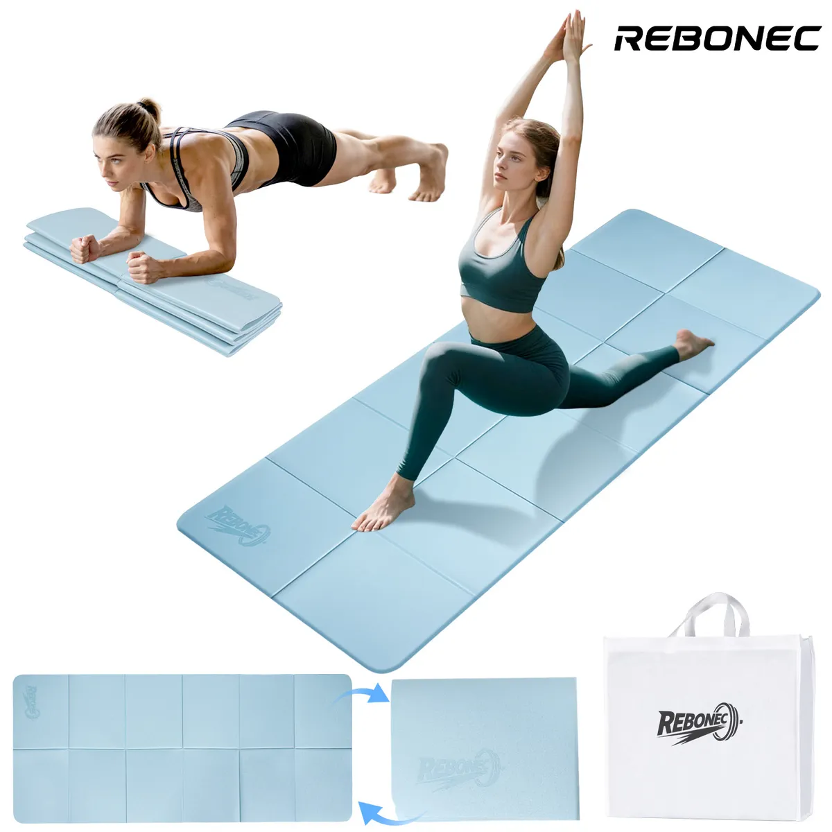 REBONEC - Colchoneta Mat Yoga Deportiva Plegable TPE Grueso 8mm Bolso Azul