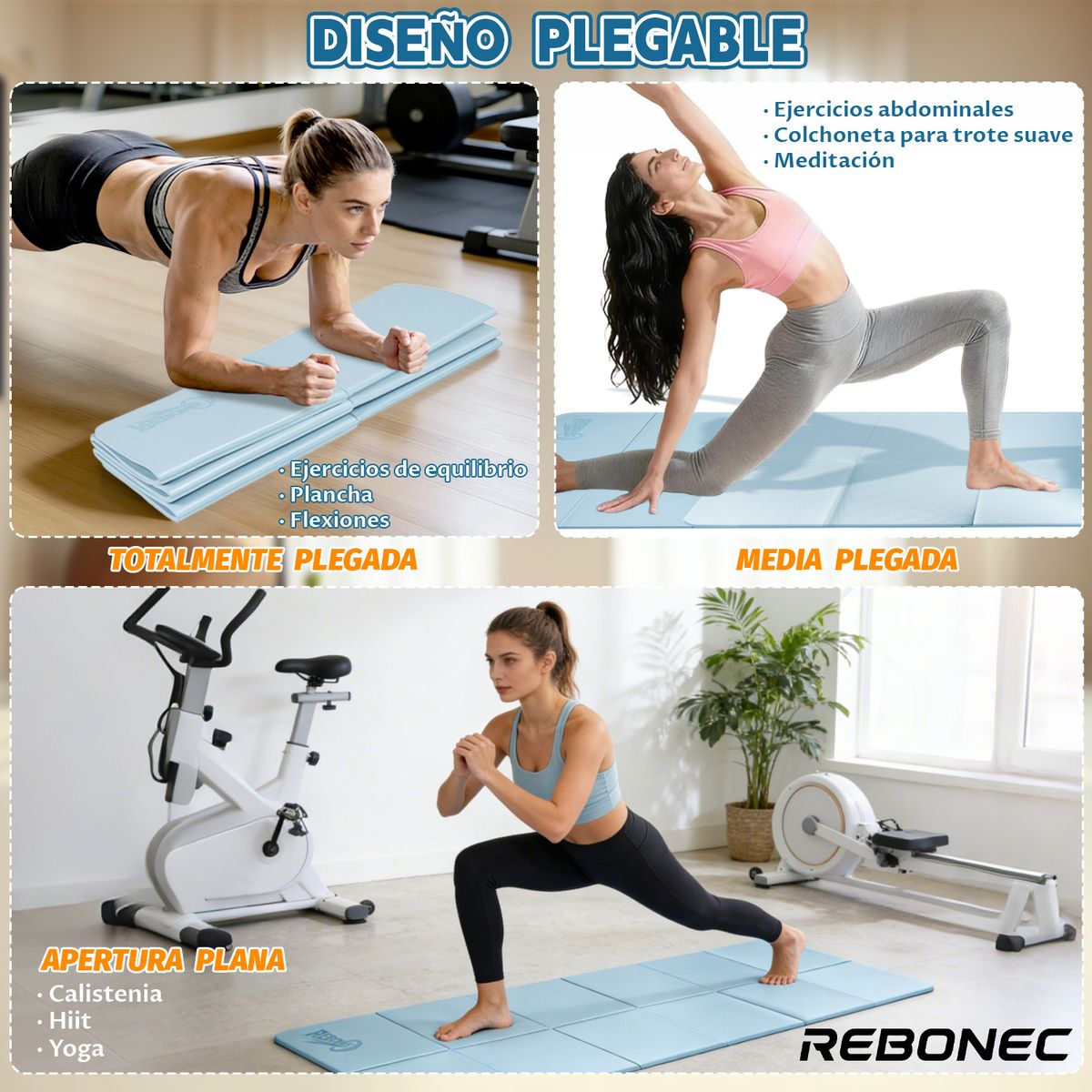 REBONEC - Colchoneta Mat Yoga Deportiva Plegable TPE Grueso 8mm Bolso Azul