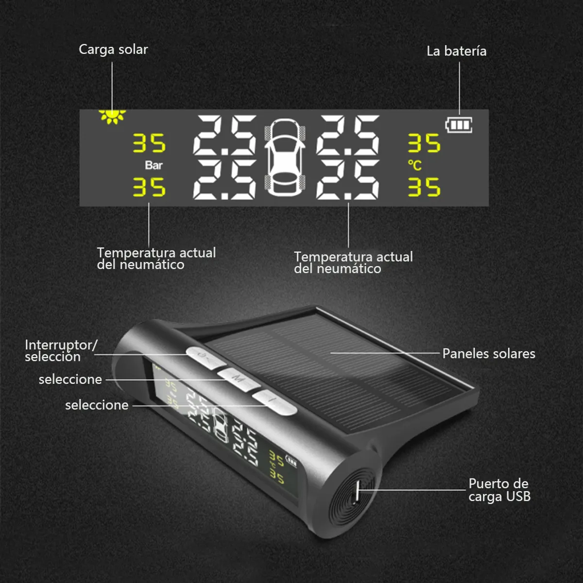 GENERICO - Monitor de Presión de Neumáticos TPMS con Carga Solar