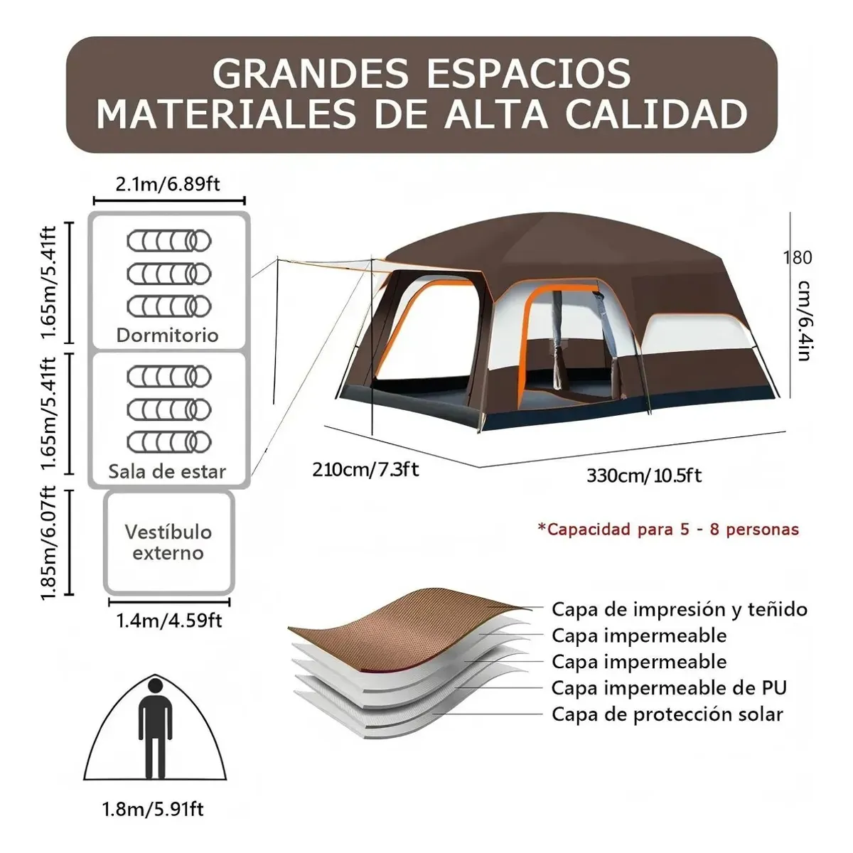 KUANGYE - Carpa Camping Tienda Familiar 5 A 8 Marrón Personas Lmpermeable