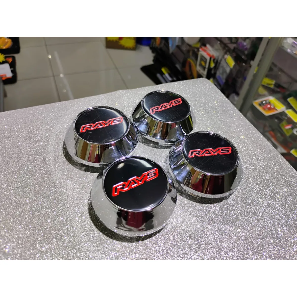 GENERICO - X4 Tapas centro de llantas de auto tunning conica Medidas 58mmX60mm RAYS NEGRO CON ROJO