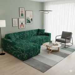 GENERICO - FUNDA ELASTIZADA PARA SILLON TIPO L DISEÑO VERDE RAMAS DORADAS 2 PIEZA 3 + 2 CUERPO