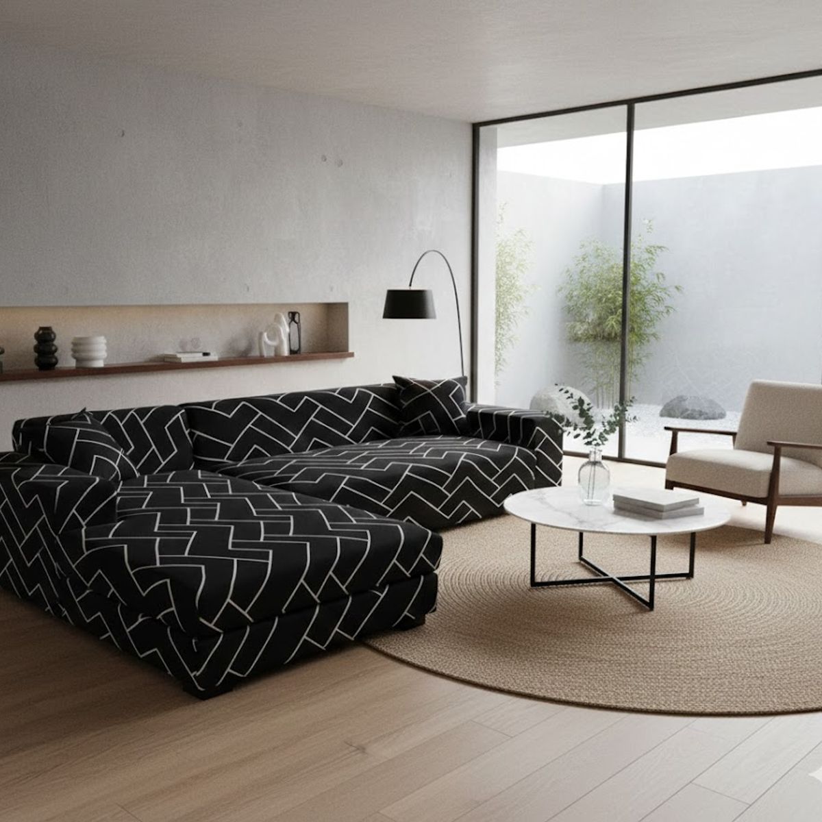 GENERICO - FUNDA ELASTIZADA PARA SILLON TIPO L DISEÑO NEGRO L 2 PIEZA 3 + 2 CUERPO