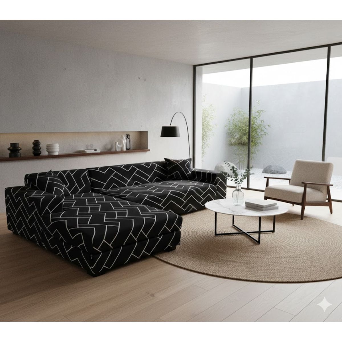 GENERICO - FUNDA ELASTIZADA PARA SILLON TIPO L DISEÑO NEGRO L 2 PIEZA 3 + 2 CUERPO