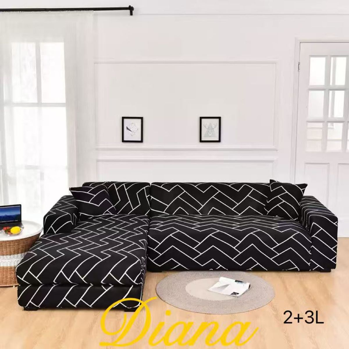 GENERICO - FUNDA ELASTIZADA PARA SILLON TIPO L DISEÑO NEGRO L 2 PIEZA 3 + 2 CUERPO