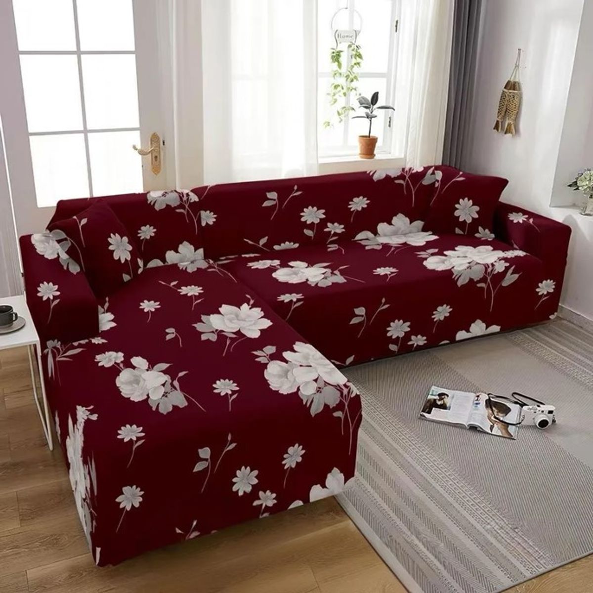 GENERICO - FUNDA ELASTIZADA PARA SILLON TIPO L DISEÑO BURDEO FLOR BLANCA 2 PIEZA 3 + 2 CUERPO