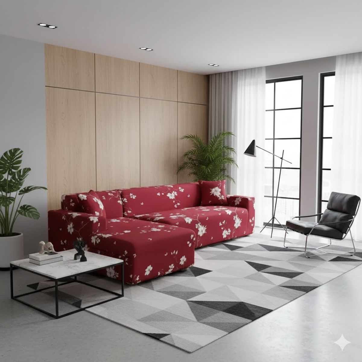 GENERICO - FUNDA ELASTIZADA PARA SILLON TIPO L DISEÑO BURDEO FLOR  2 PIEZA 3 + 2 CUERPO