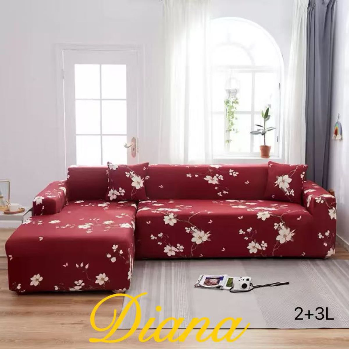 GENERICO - FUNDA ELASTIZADA PARA SILLON TIPO L DISEÑO BURDEO FLOR  2 PIEZA 3 + 2 CUERPO
