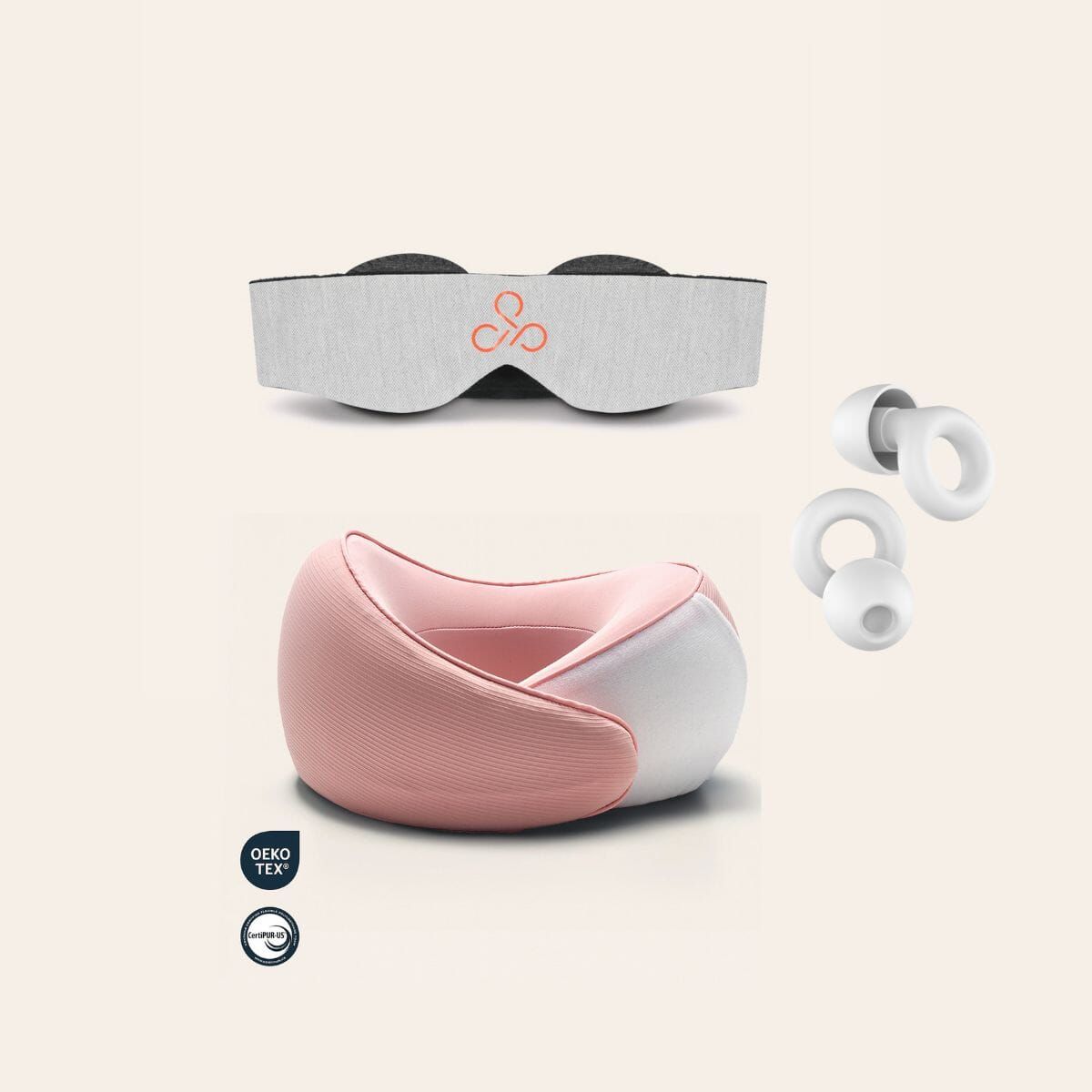 HYPNOS - Pack Viaje Profundo - Antifaz Gris + Tapón Blanco + Almohada Viaje Rosado - Hypnos