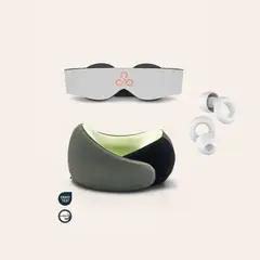 HYPNOS - Pack Viaje Profundo - Antifaz Gris + Tapón Blanco + Almohada Viaje Verde -
