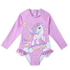SENSIBLUE - Traje de Baño Niña Manga Larga Unicornio Rosado con Protección UV