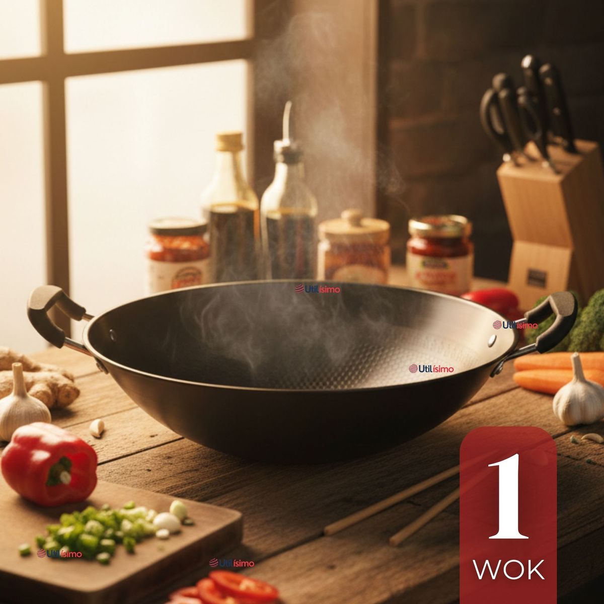 UTILISIMO - Wok Acero Inoxidable Antiadherente 42 cm Color Negro