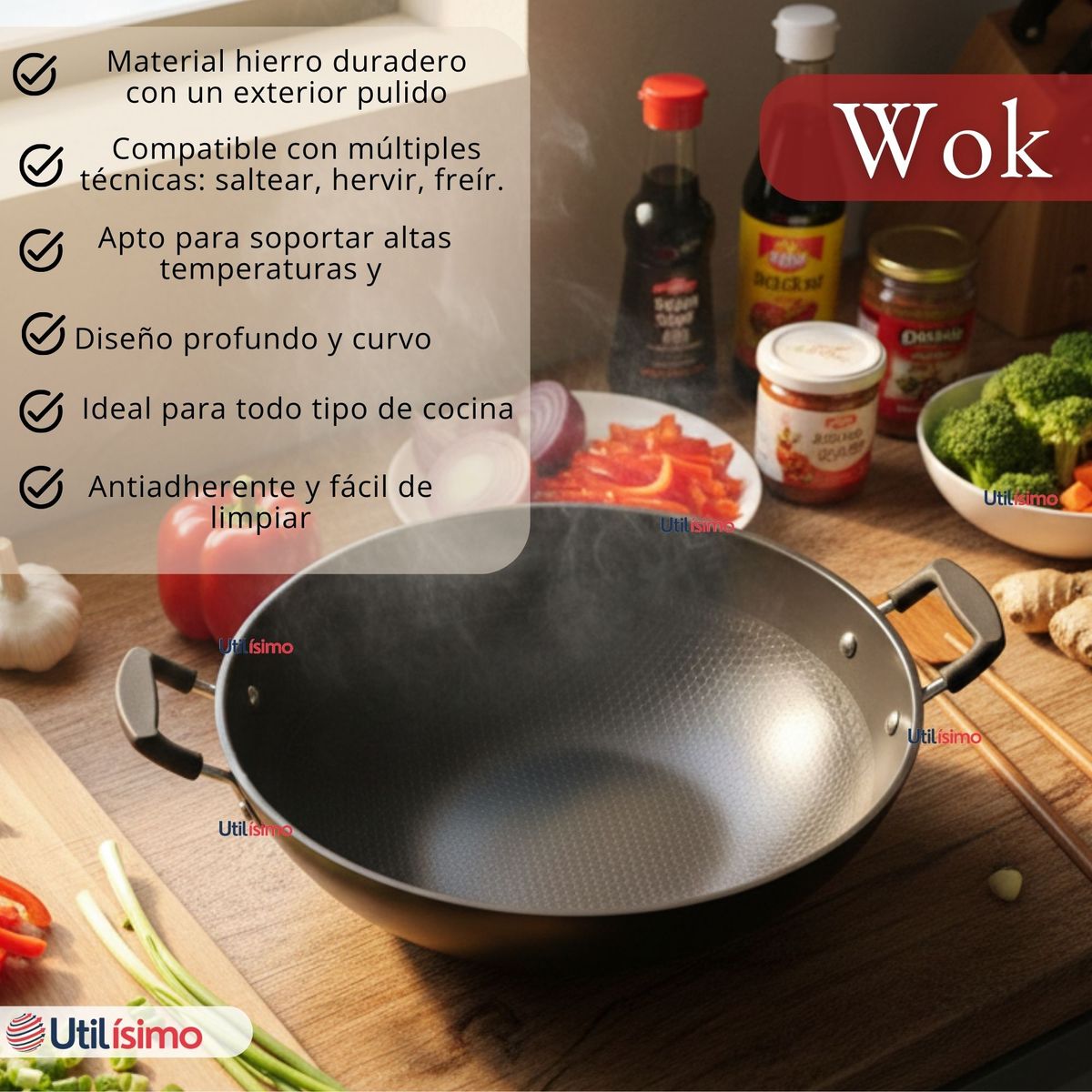 UTILISIMO - Wok Acero Inoxidable Antiadherente 42 cm Color Negro