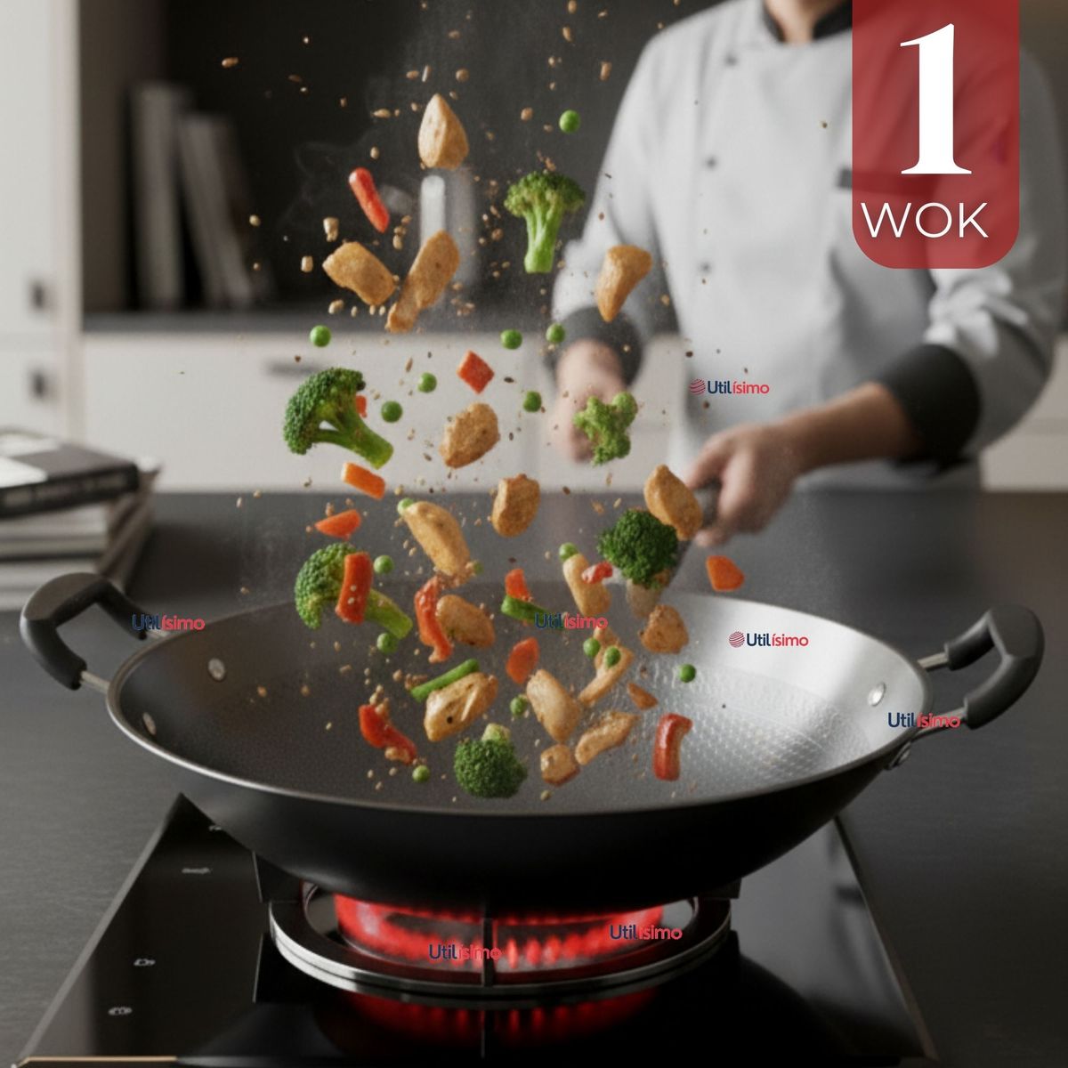 UTILISIMO - Wok Acero Inoxidable Antiadherente 42 cm Color Negro