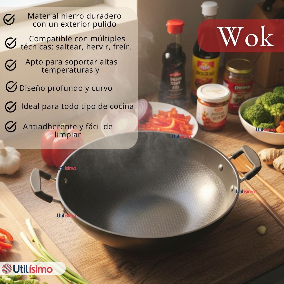 UTILISIMO - Wok Acero Inoxidable Antiadherente 42 cm Color Negro
