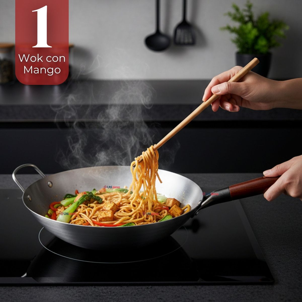 UTILISIMO - Sartén Wok De Hierro Concavo Con Mango 34cm Plateado