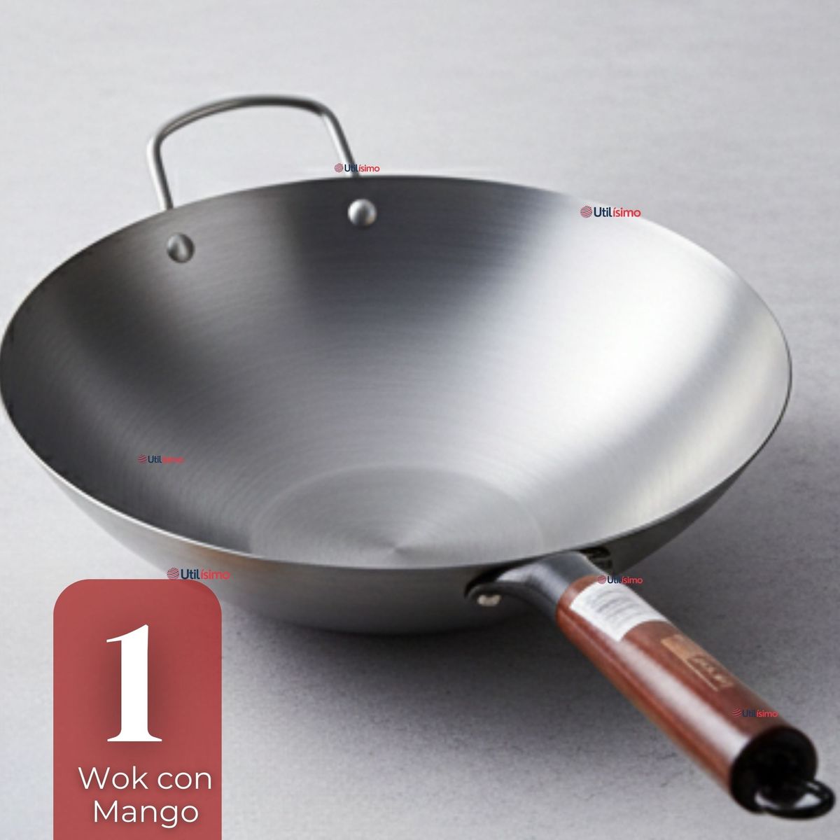 UTILISIMO - Sartén Wok De Hierro Concavo Con Mango 34cm Plateado