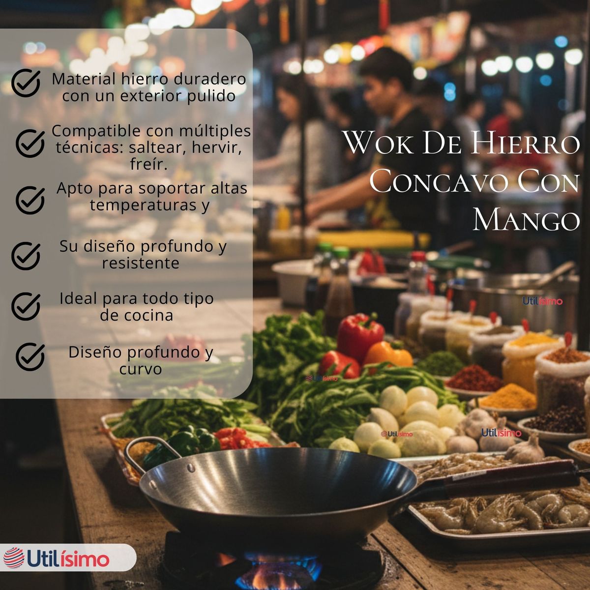 UTILISIMO - Sartén Wok De Hierro Concavo Con Mango 34cm Plateado