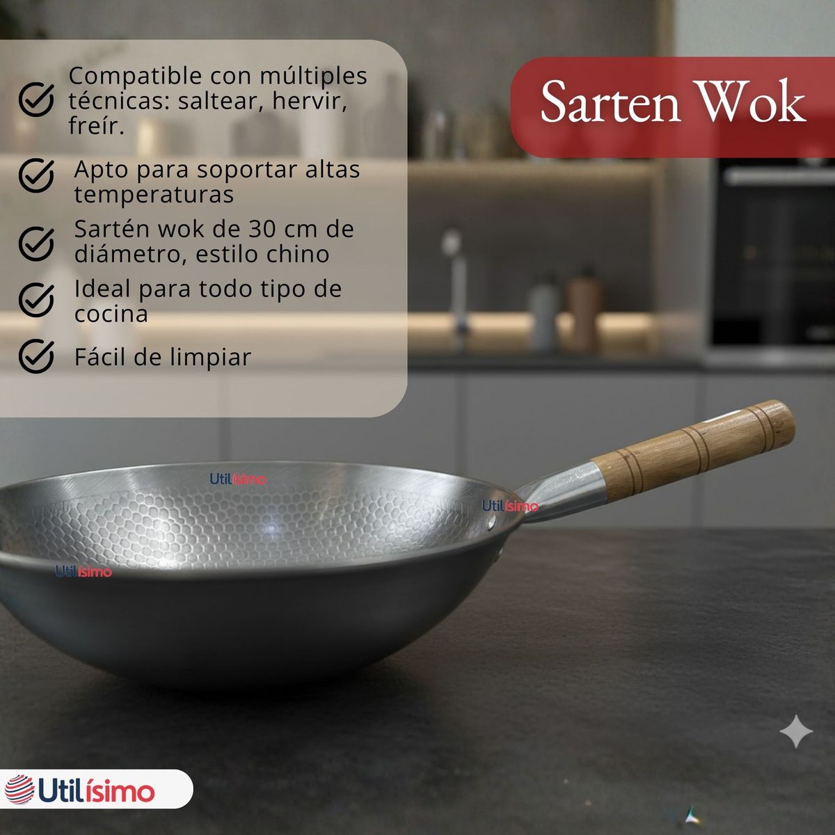 UTILISIMO - Sartén Wok Tradicional Chino De 37cm Acero Al Carbono
