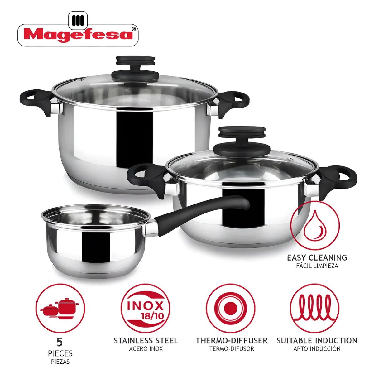 MAGEFESA - Batería De Cocina Magefesa 5 Piezas Acero Inoxidable Style