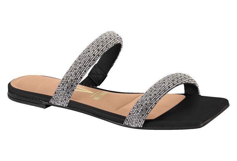 Sandalia Mujer Negro Con Plateado Y Brillos