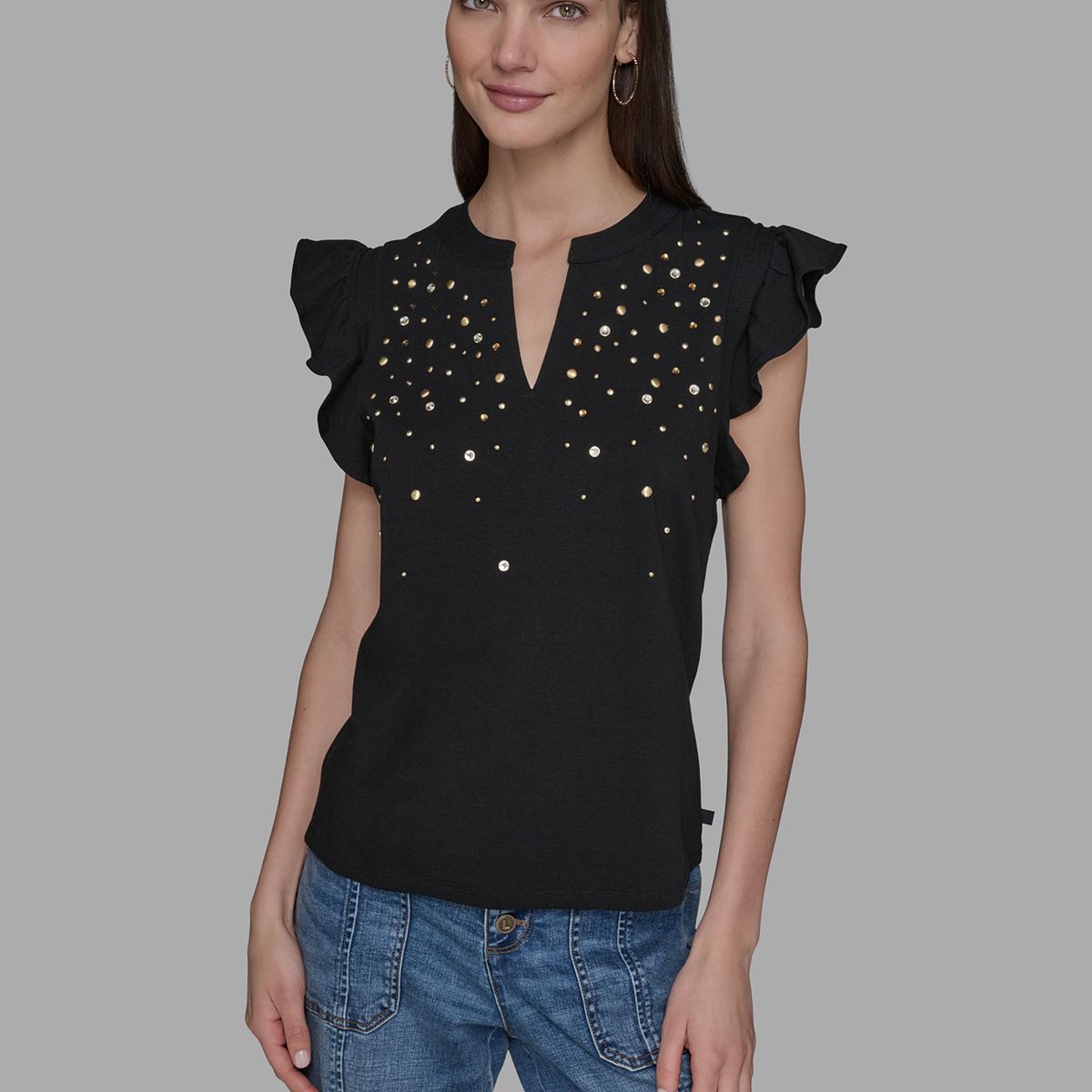 KARL LAGERFELD - Top de punto con mangas flutter y detalles hot fix