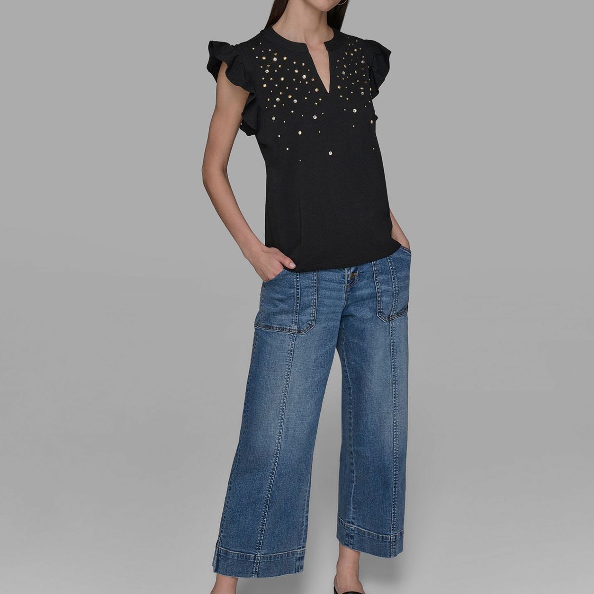 KARL LAGERFELD - Top de punto con mangas flutter y detalles hot fix