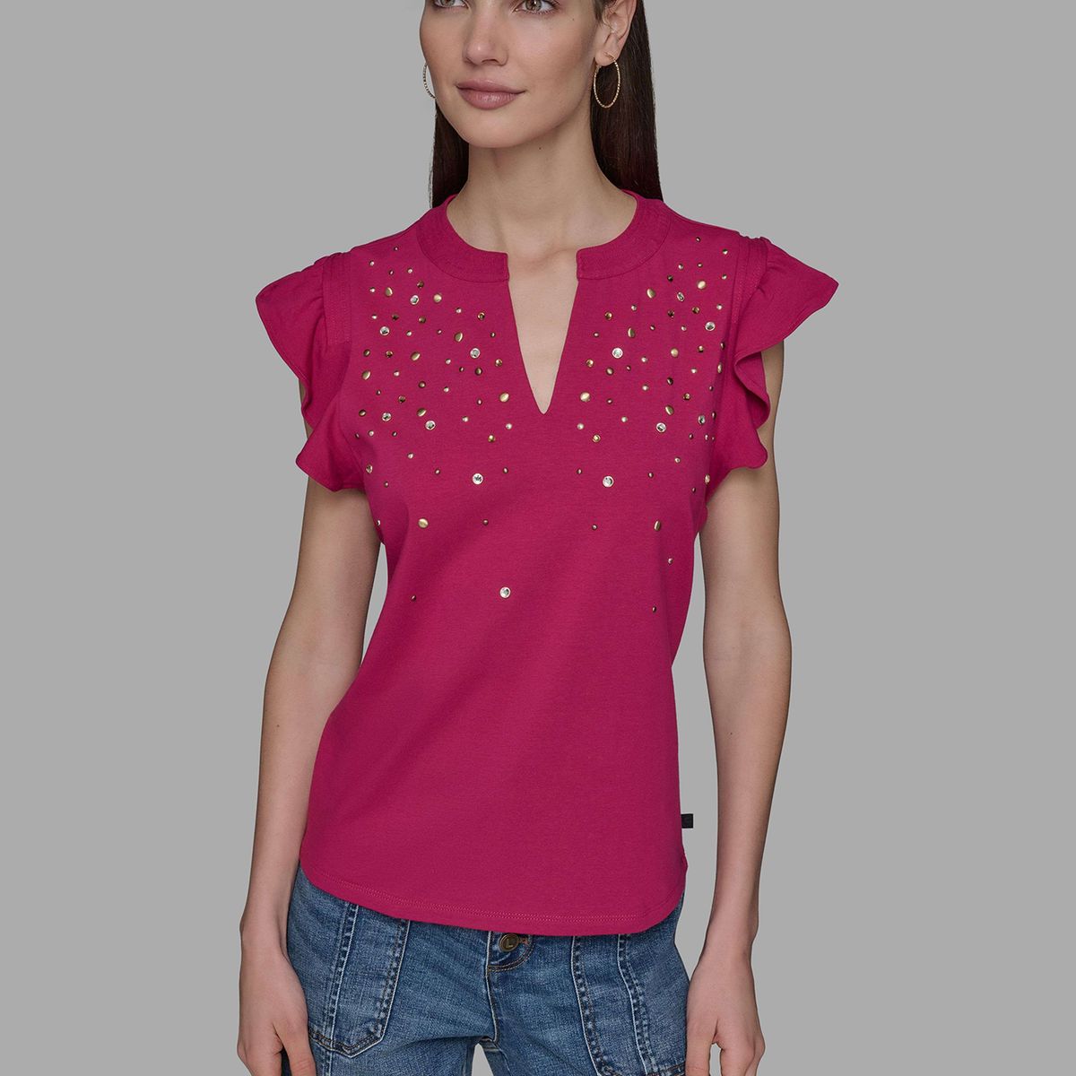 KARL LAGERFELD - Top de punto con mangas flutter y detalles hot fix