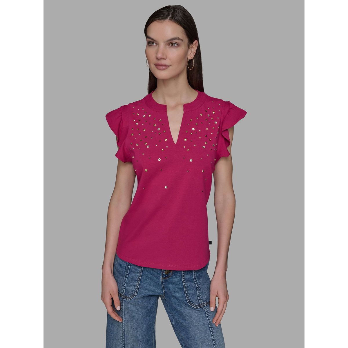 KARL LAGERFELD - Top de punto con mangas flutter y detalles hot fix