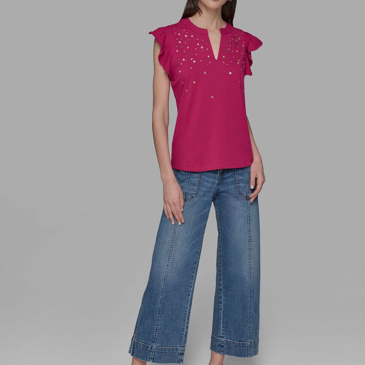 KARL LAGERFELD - Top de punto con mangas flutter y detalles hot fix