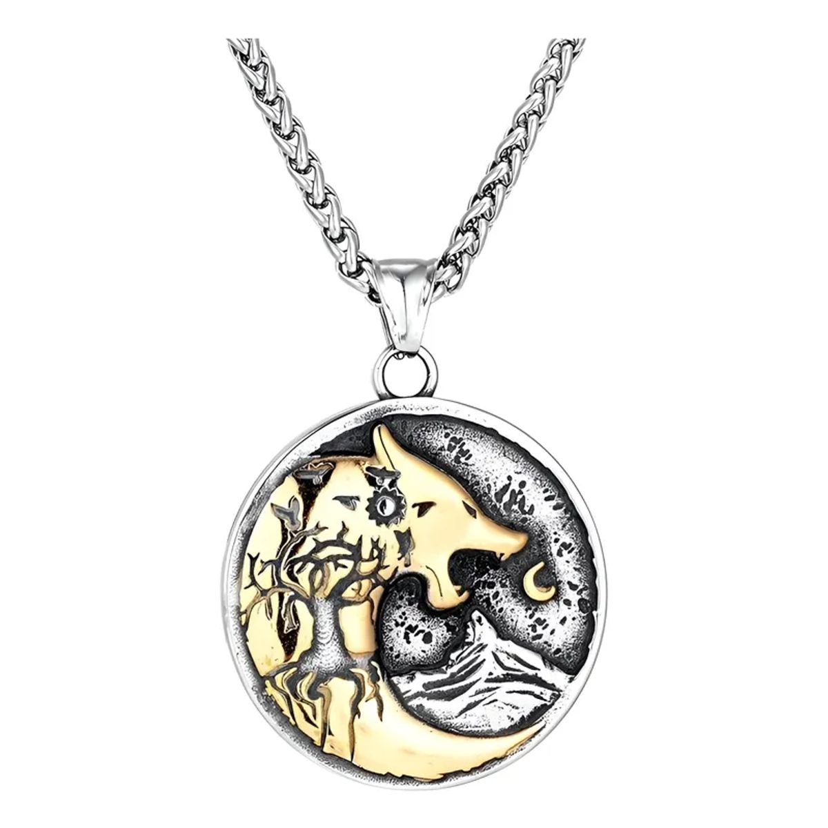GENERICO - Collar Vikingo Titanio Lobo Nordico Silver Gold Luna