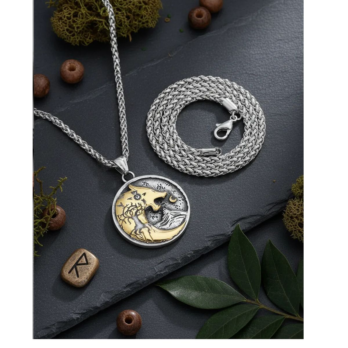 GENERICO - Collar Vikingo Titanio Lobo Nordico Silver Gold Luna