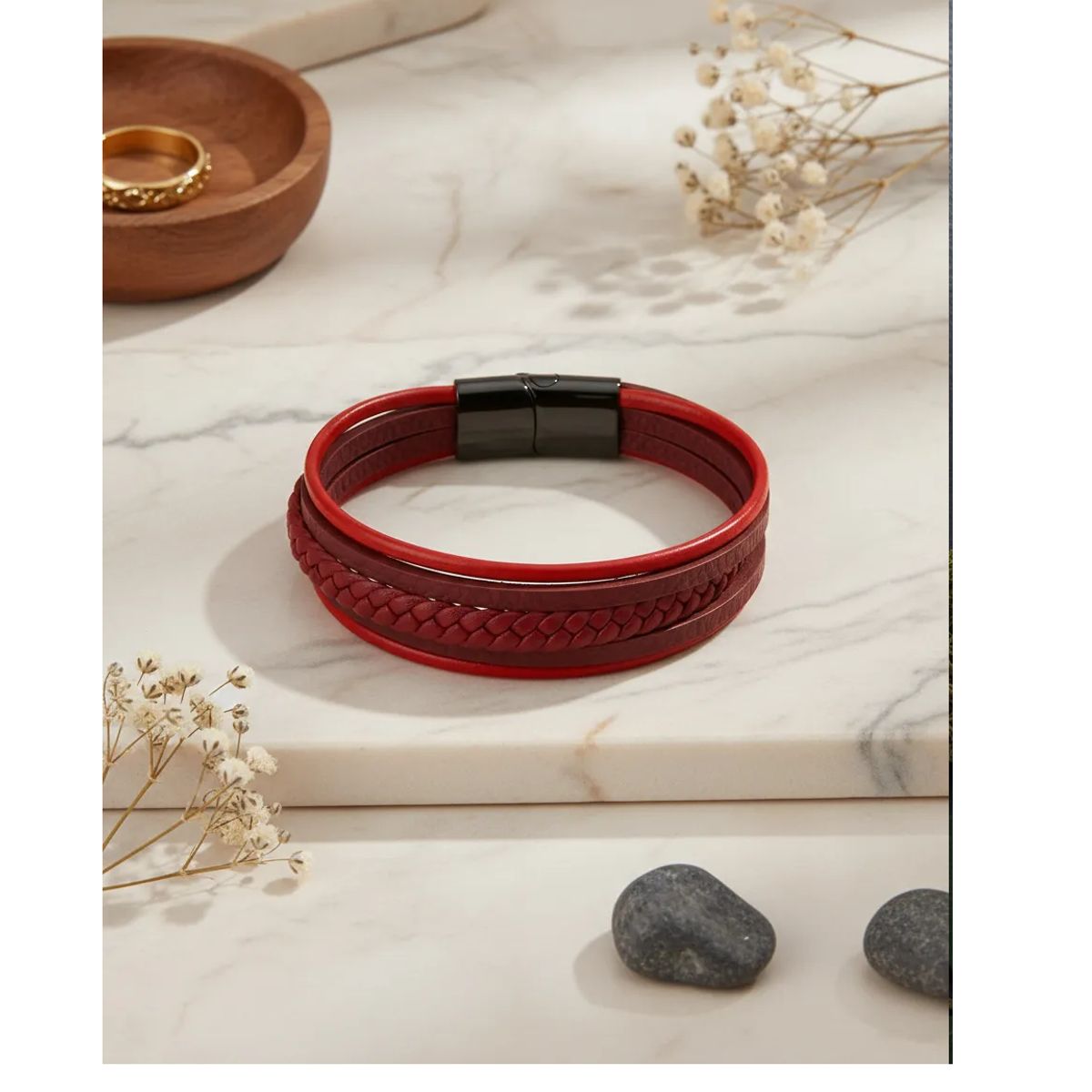GENERICO - Pulsera De Hombre Mujer De Cuero Rojo Doble Giro Elegante